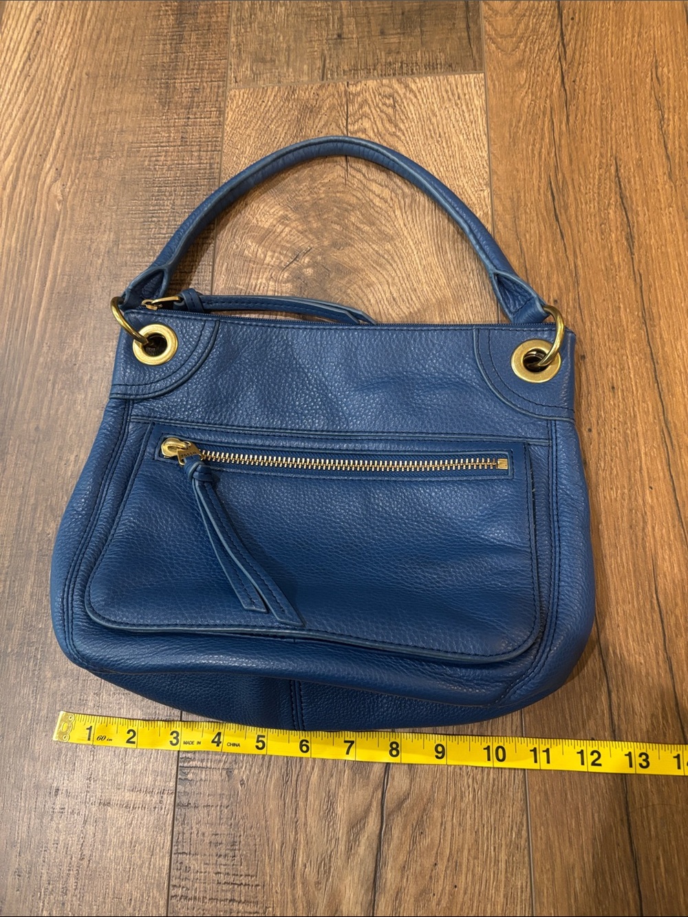 Fossil Blue Pebbled Leather Zippered Shoulder Bag Gold Hardware - Picture 10 of 13